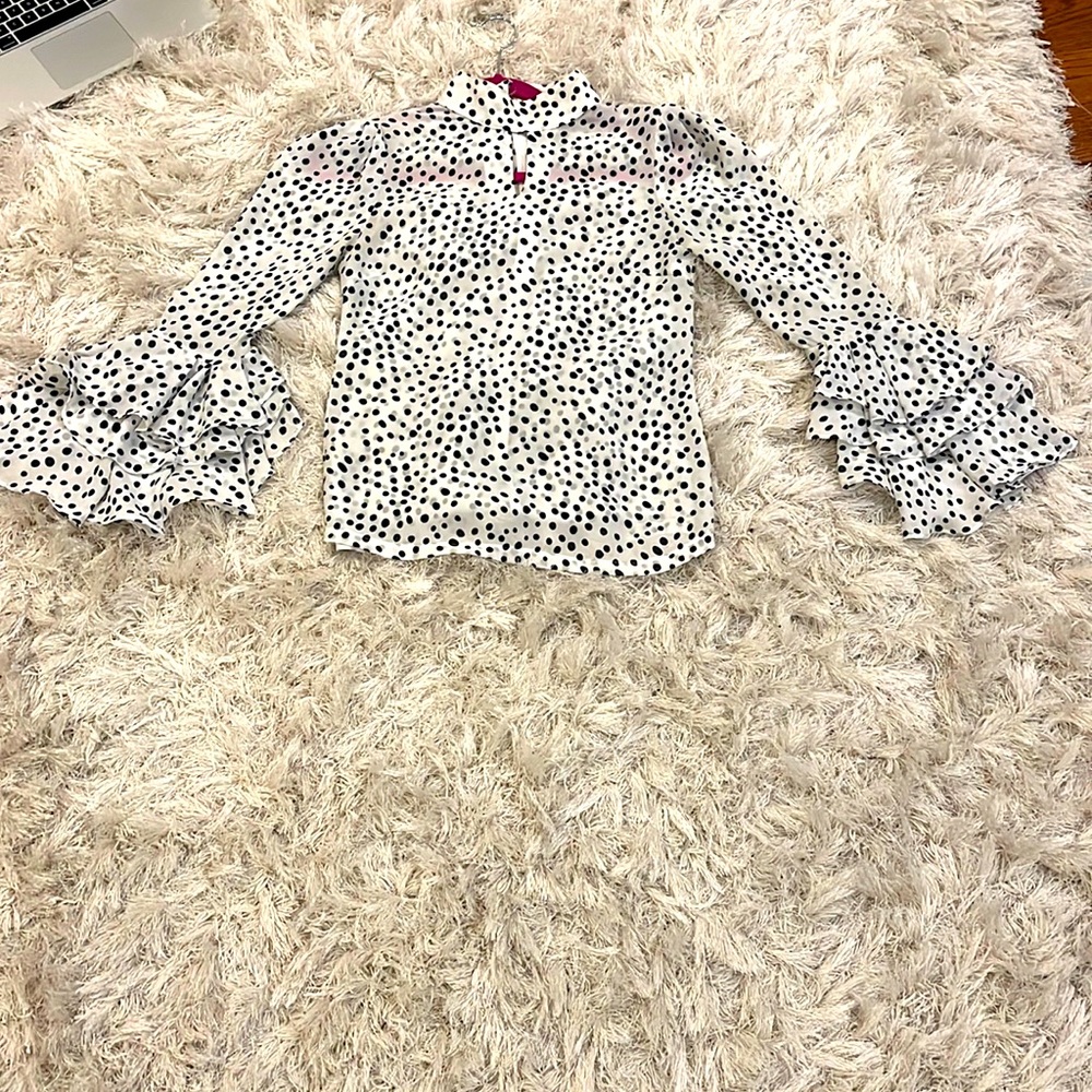 Black and white Polka dot mock neck flare sleeve blouse